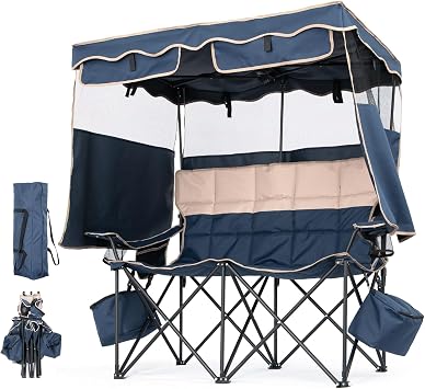Slsy Oversized Double Camping Chair with Canopy Shade Loveseat for 2 Person