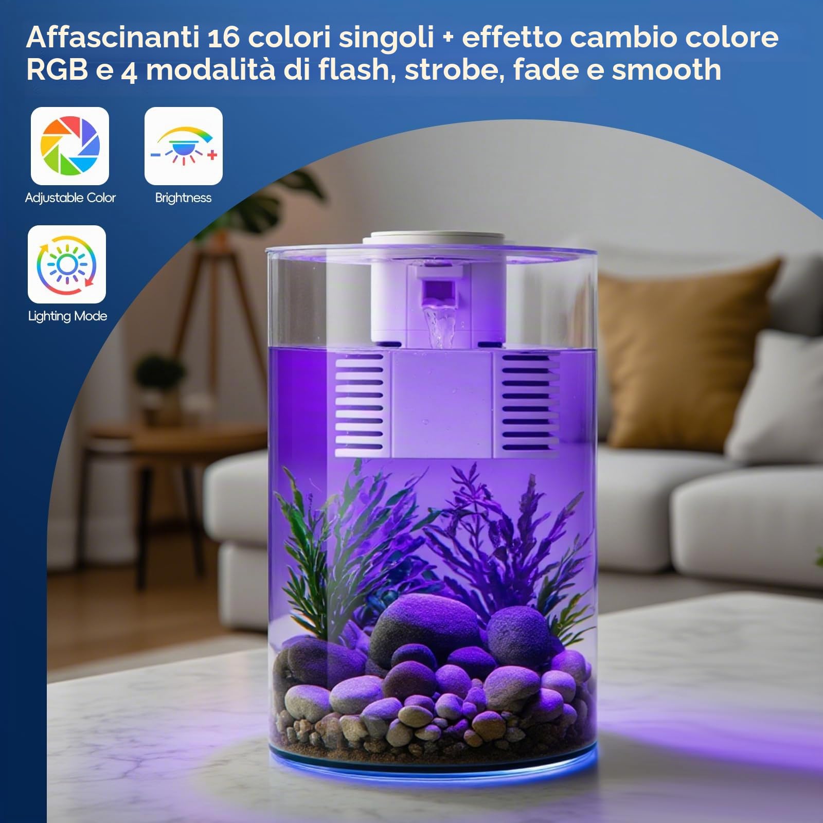 Acquario per pesci, kit di avviamento per acquario da 3 galloni con filtro e illuminazione a LED (17 colori a scelta), acquario con vista a 360 gradi per piccoli pesci, acquario da tavolo
