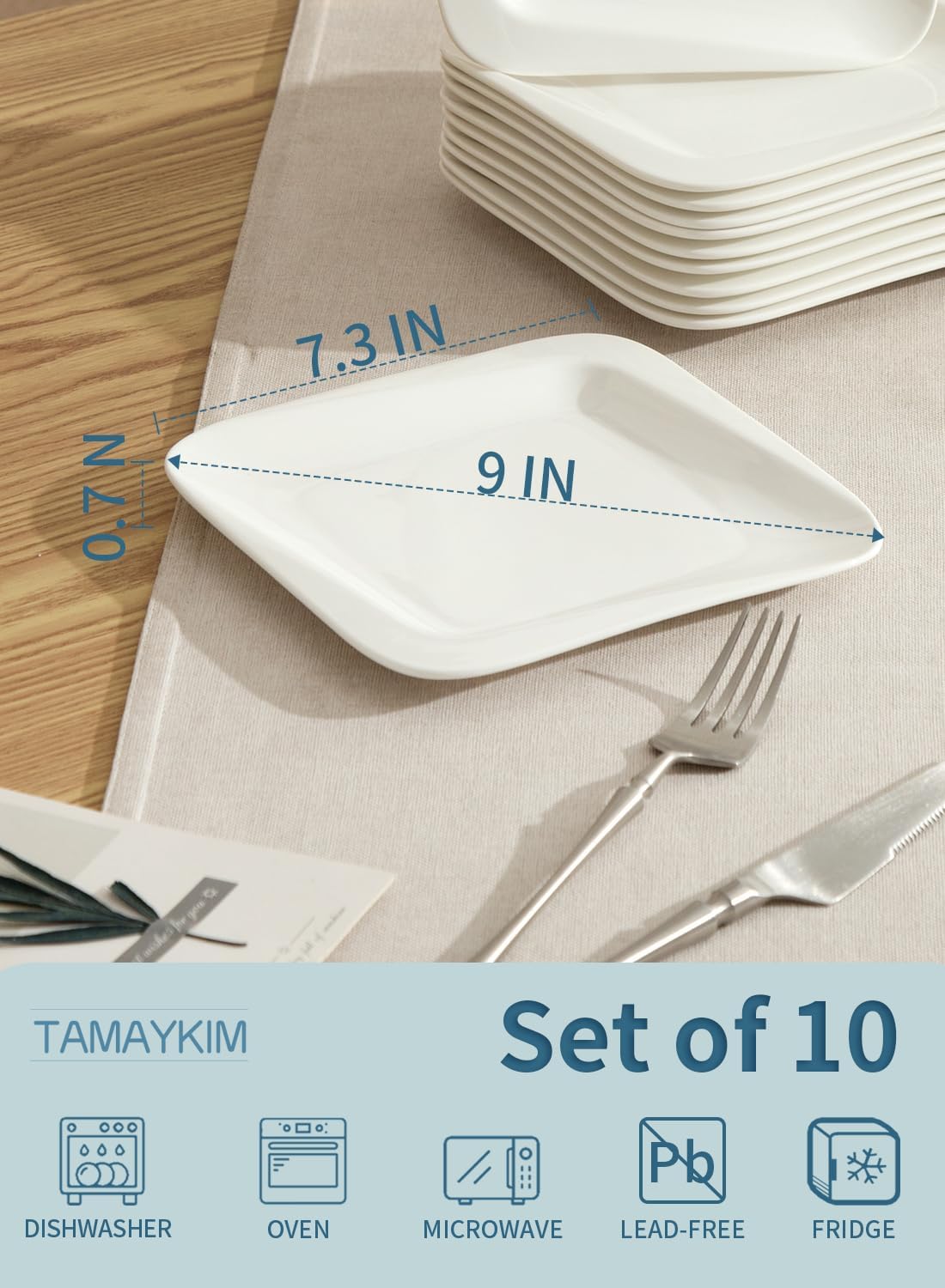 7.3 Inch Square Porcelain Dessert Plates, 10 Pieces, White