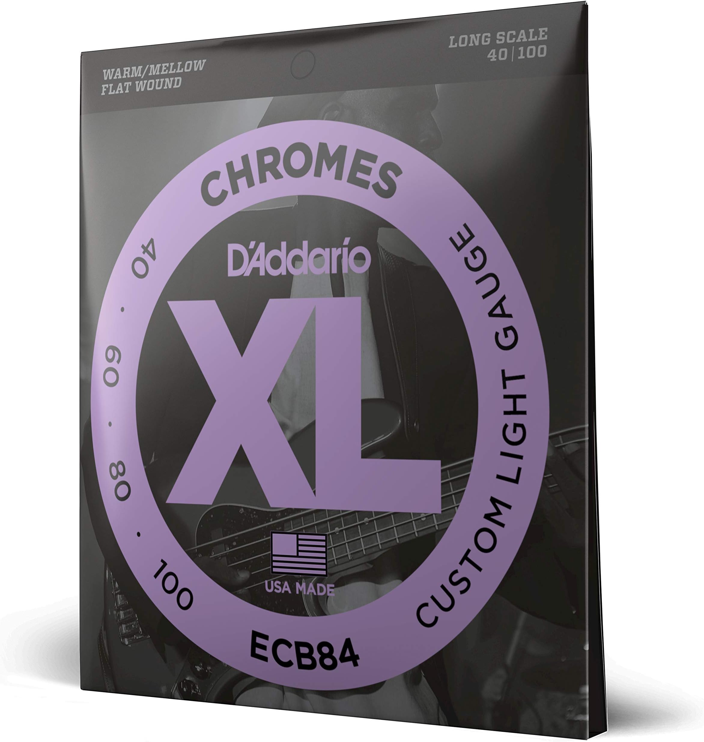 D'Addario XL Chromes Flat Wound Bass Guitar Strings - ECB84 - Long Scale - Custom Light, 40-100