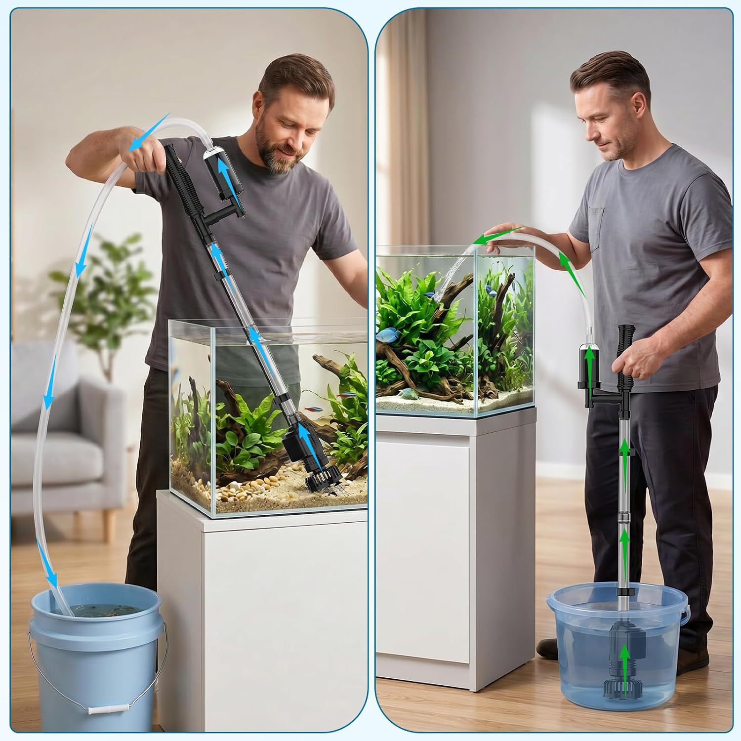 AQQA Aquarium Gravel Cleaner, 6-in-1 Electric Fish Tanks Gravel Vacuum | Anti-Clog Gravel Barrier, Sand Washer, Water Changer, Filter Bag, Adjustable Flow, 211GPH for 15+ Gallon Tanks
