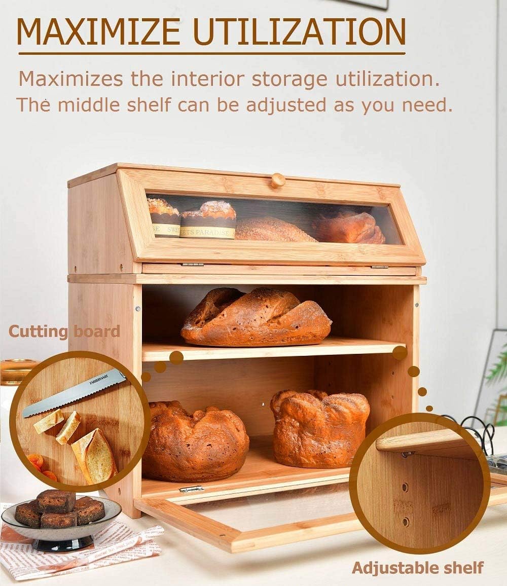 Enjahomx Large 3 Layer Bread Box for Kitchen Countertop - Bamboo Breadbox with Clear Window and Adjustable Shelf - Farmhouse Style Bread Storage Bin Holder (Self-Assembly) -