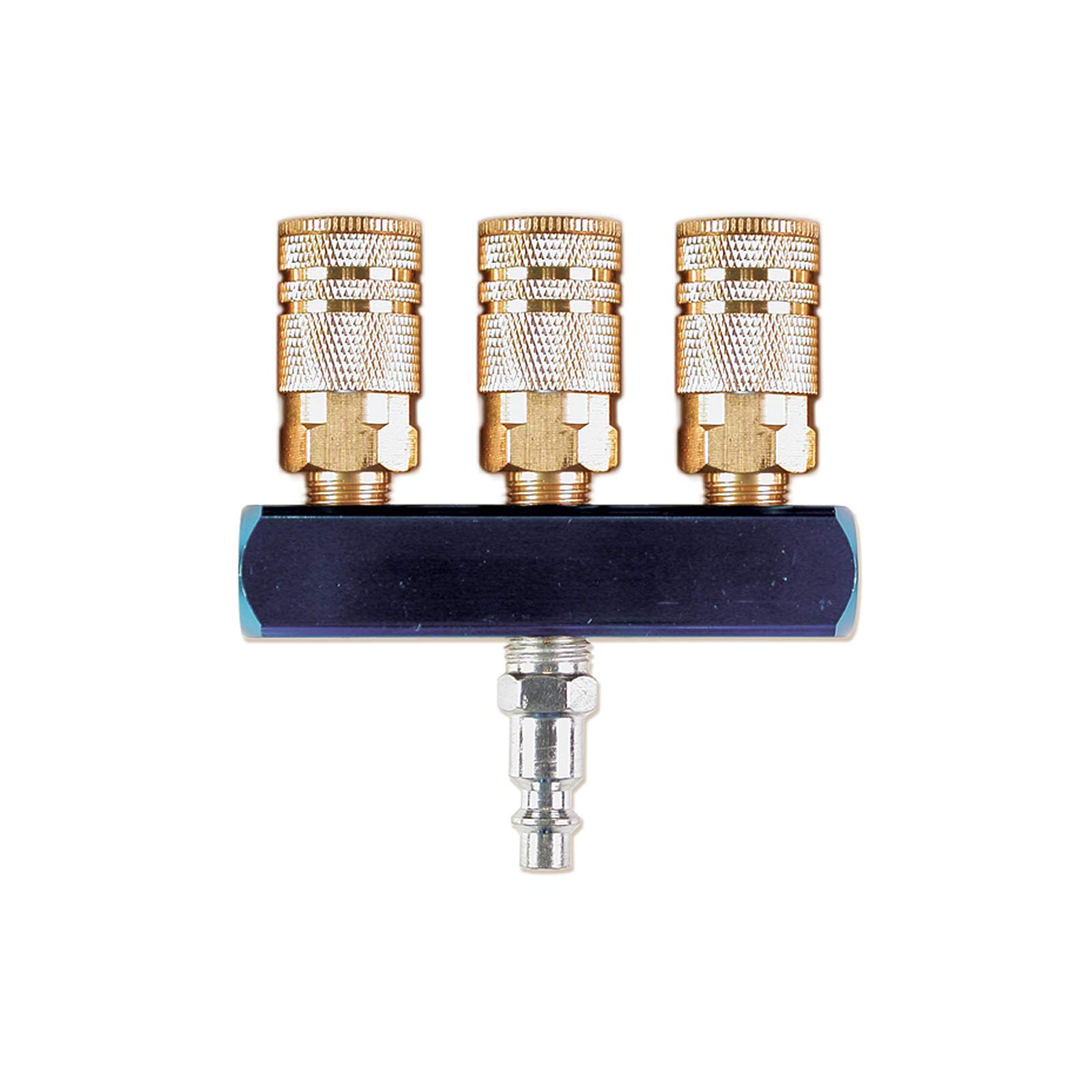 Primefit M1402-5 Conjunto de colector de aire de barra de 3 vías con acopladores industriales de 6 bolas, 1/4 pulgadas