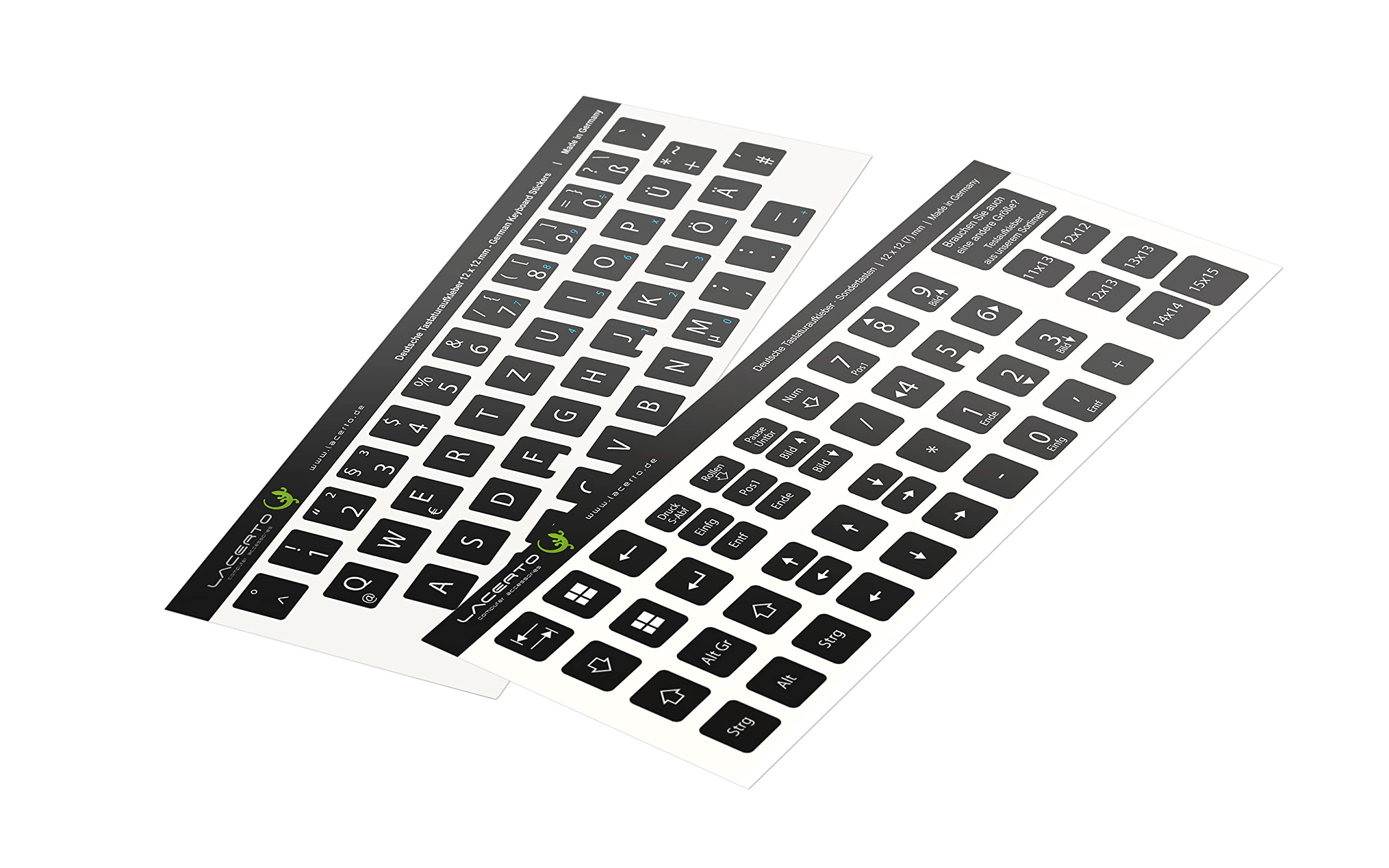 Pegatinas alemanas para teclados de ordenador y portátil | Set incluye teclas adicionales (12 x 12 mm, negro)