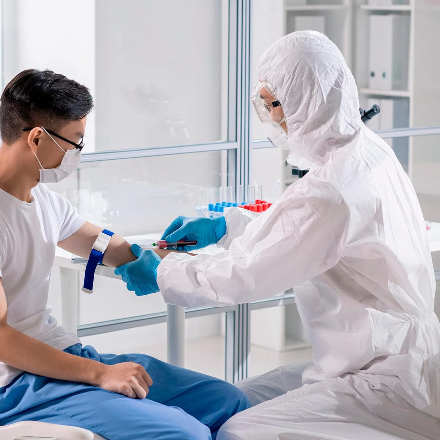 AMZ Medical Supply Disposable Coveralls for Men & Women Medium. 5 Pack of 60 GSM Microporous White Hazmat Suits Disposable. Disposable Hazmat Suit with Hood, Boots, Elastic Wrist, Lower Back, Zipper - - 