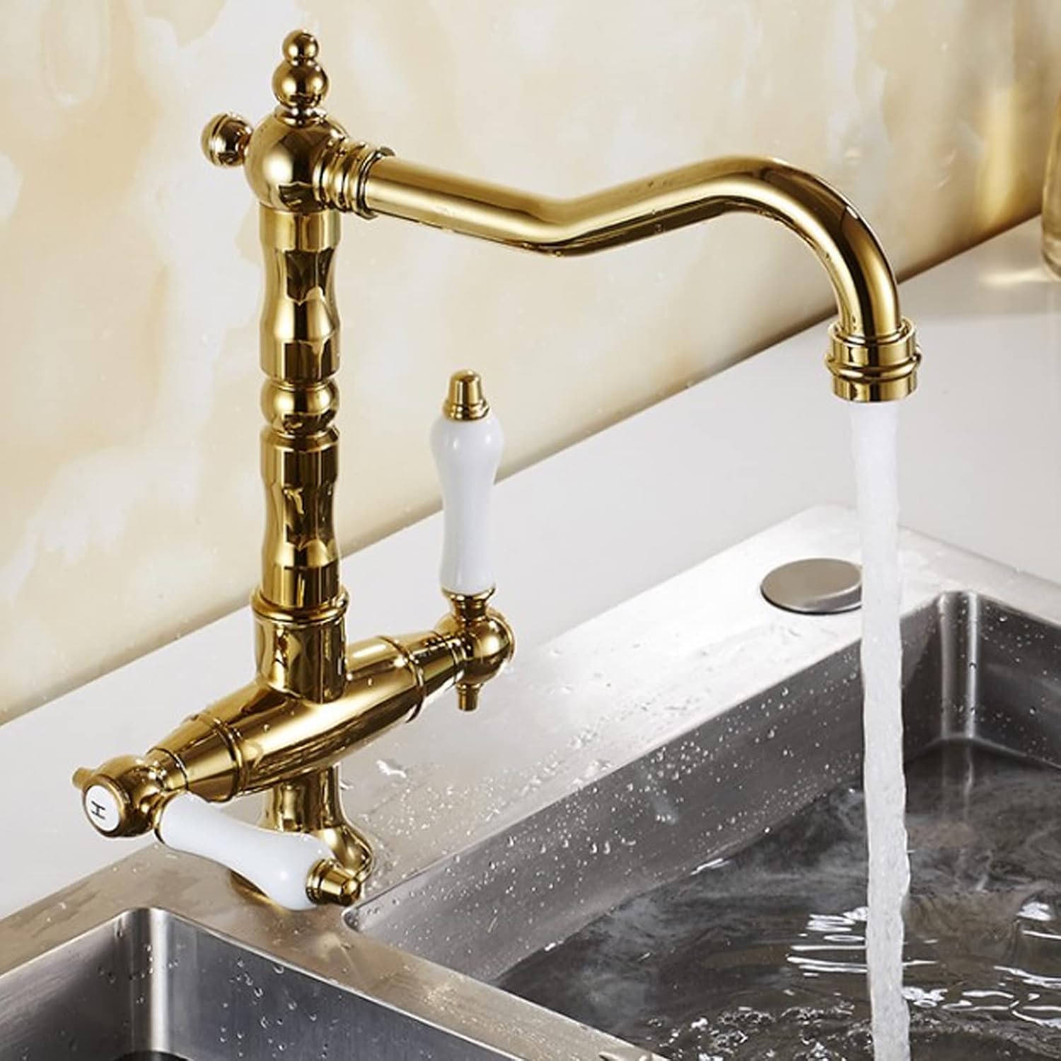 Kitchen Sink Double Handle Faucets, 360 Degree Swivel Utility Pot Filler Bar Antique Faucet for, Brass K Economic(Gold)
