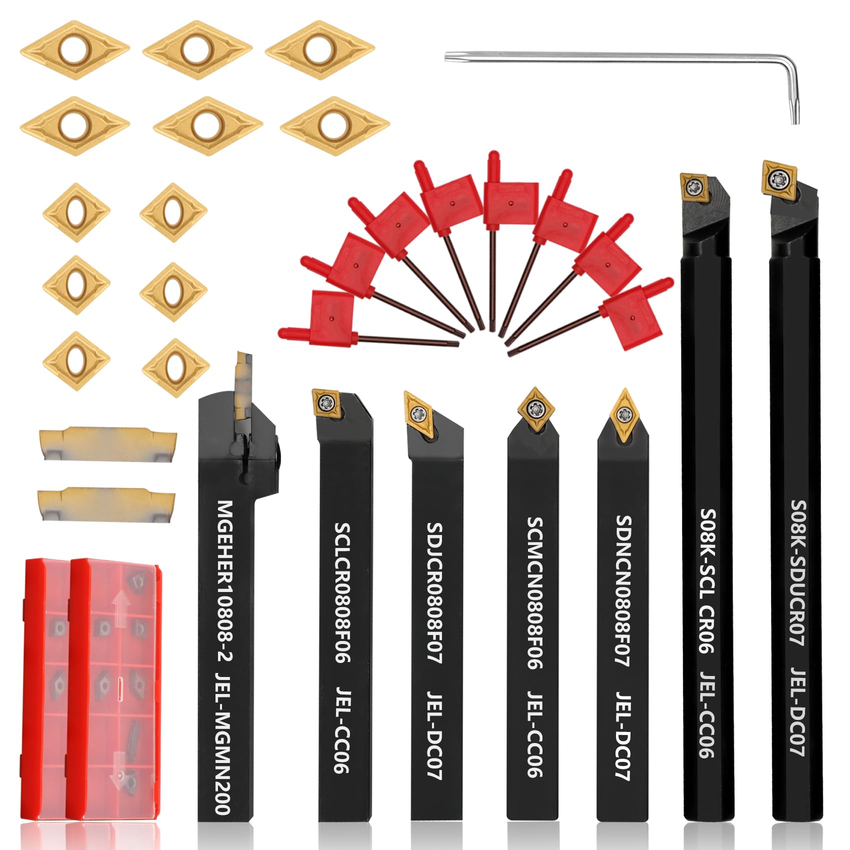 Indexable Lathe Turning Tool 21Pcs Kit 5/16" 8mm Shank 7 Pcs Metal Lathe Tool Holder Set with 14 Pcs Turning Inserts for Turning Grooving Threading Boring Carbide Inserts Carbide Turning Tool