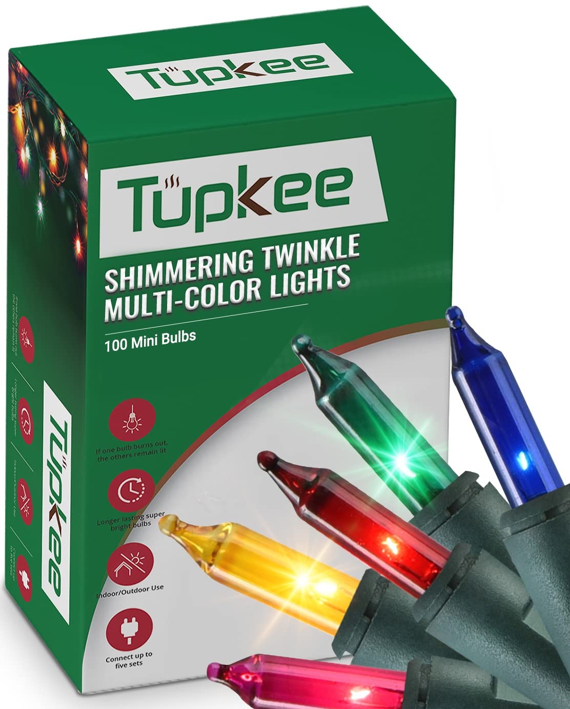 Tupkee Christmas Twinkle Lights - 100 Multi-Color Bulbs, 20.5 Ft Indoor/Outdoor