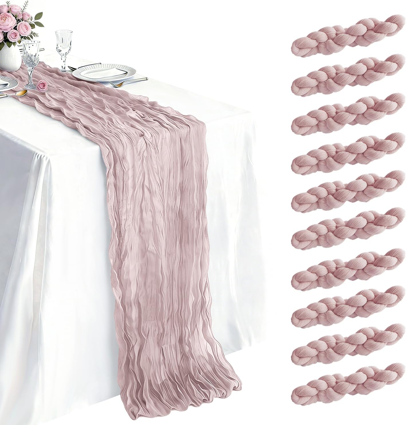 10 Pack Dusty Pink Cheesecloth Table Runner 35×120 Inch Gauze 10 FT Long Cheese Cloth Table Runners for Bridal Wedding Party Baby Shower Holiday Birthday Home Easter Decor