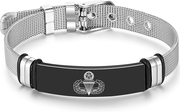 Personalized Stainless Steel Adjustable Size Engraved Bracelets for Men Women,US ARMY Airborne MASTER Parachutist Paratrooper,US Air Force Army Navy Wristbands, Gifts for Dad And Grandpa Black