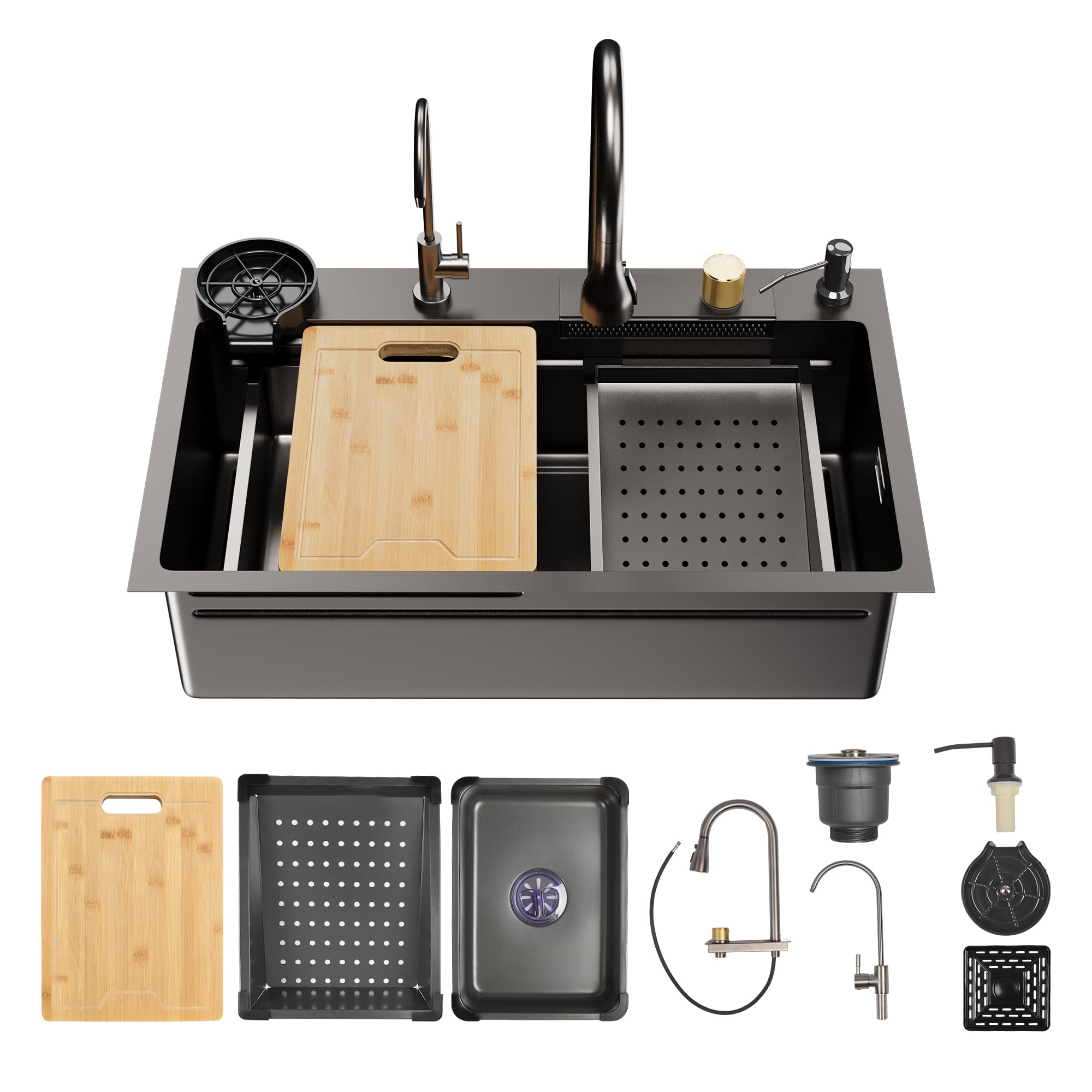 Waterfall Kitchen Sink,DeerValley Single Bowl Stainless Steel Drop-in Bar Sink with Integrated Workstation and Pull-Out Faucet - 75x46x22cm