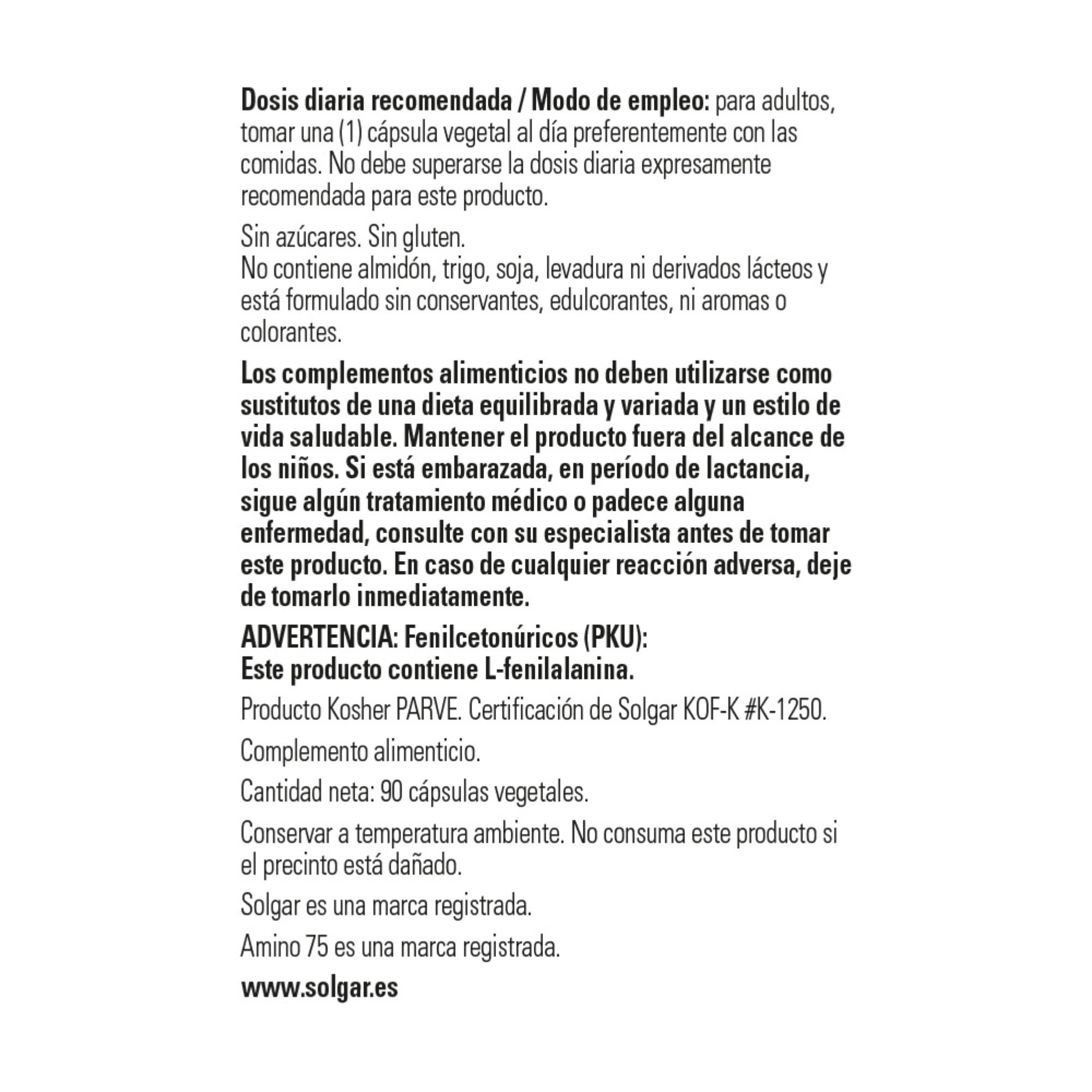 Solgar Amino 75 | Complejo de Aminoácidos Esenciales | 90 Cápsulas