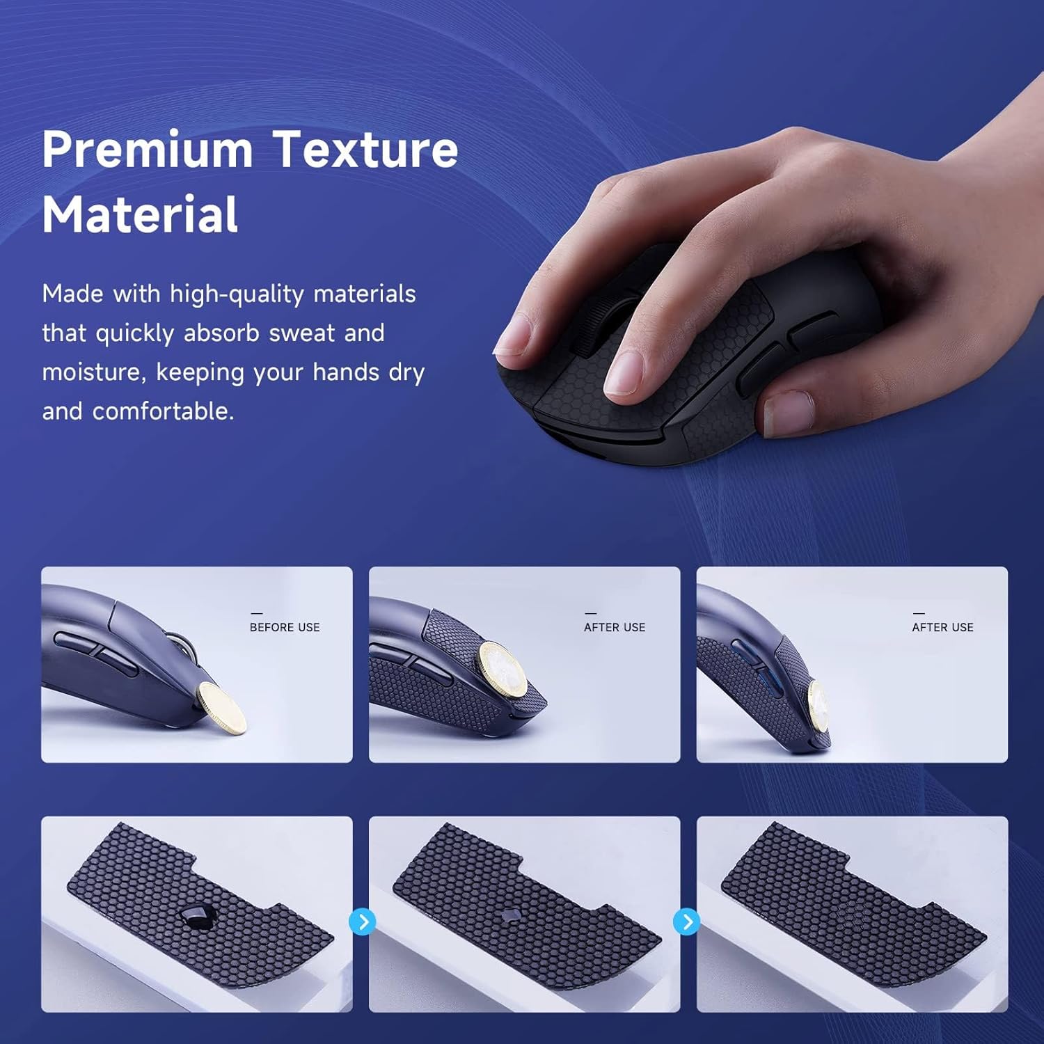Hand on mouse with grip skin, showing before and after application of premium texture material