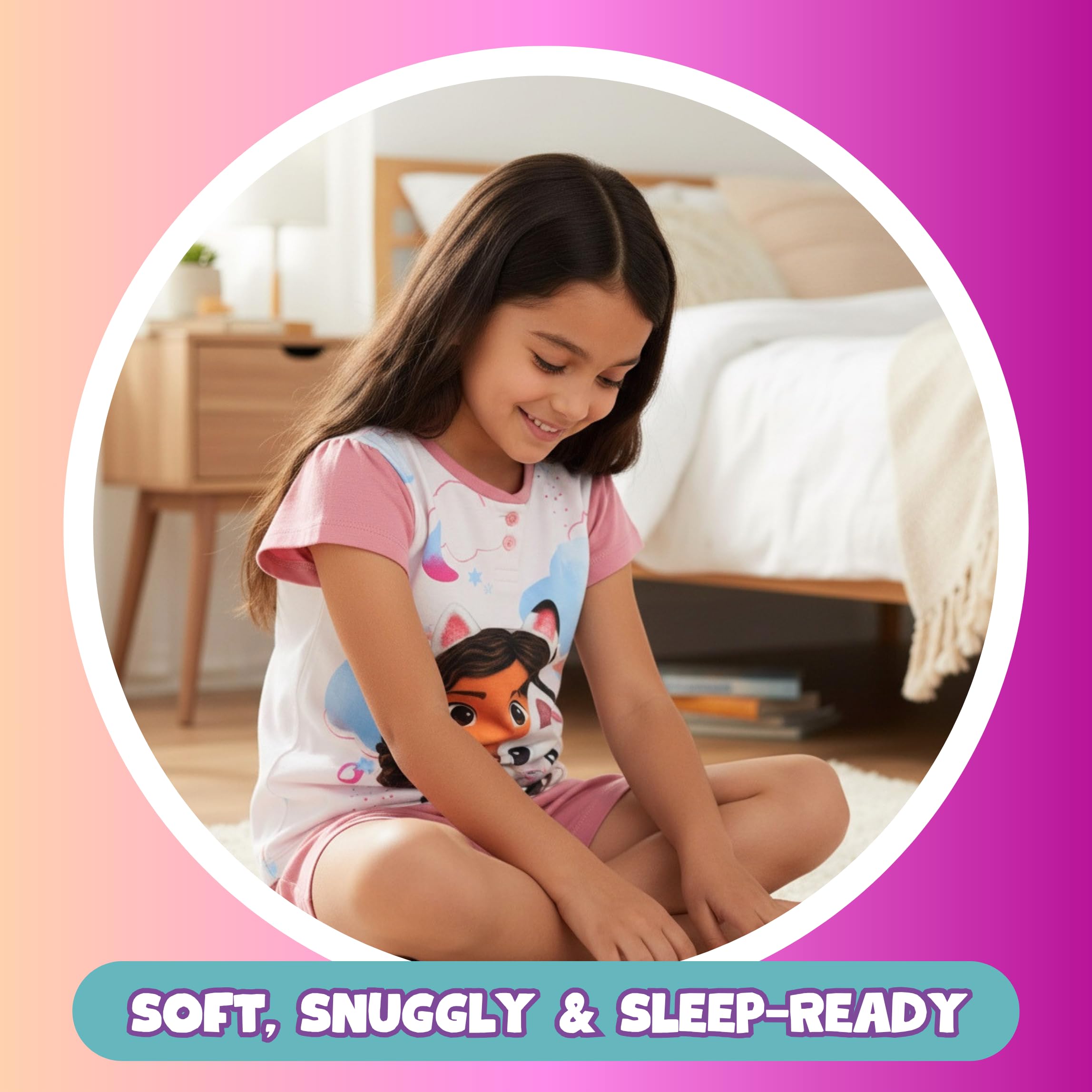Gabby's Dollhouse Camiseta y Pantalón Corto para Niña, Pijama Conjunto 2 Piezas para Niñas, Incluye Caja de Regalo, Tallas 3 a 8 Años