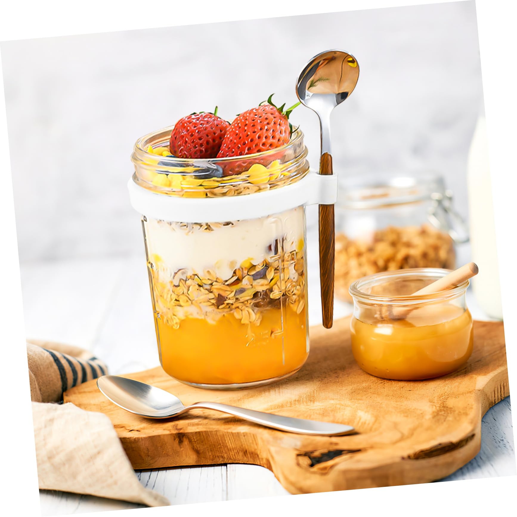 Vorratsdose Glas mit Holzdeckel 4 Stück 400ml aus Glas und Silikon Auslaufsicher mit Löffel für Küche und Büro für Müsli