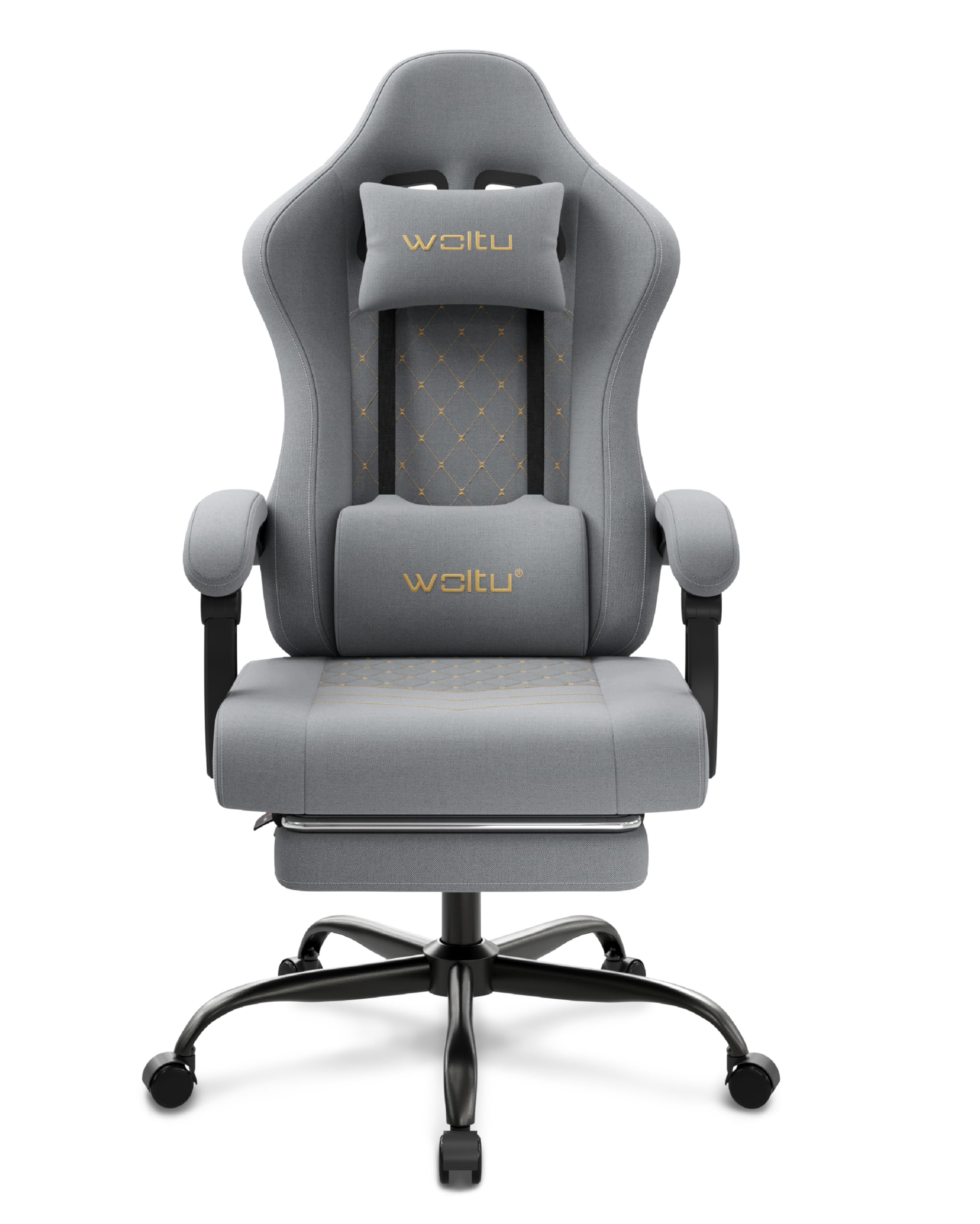 WOLTU Silla Gaming Ergonómica, Silla Oficina con Soporte Lumbar Masaje y Reposapiés Extraible, Silla Giratoria con Gran Asiento de Muelle, Capacidad de 150 kg, Tela de Malla, Gris+Amarillo, GS08gr