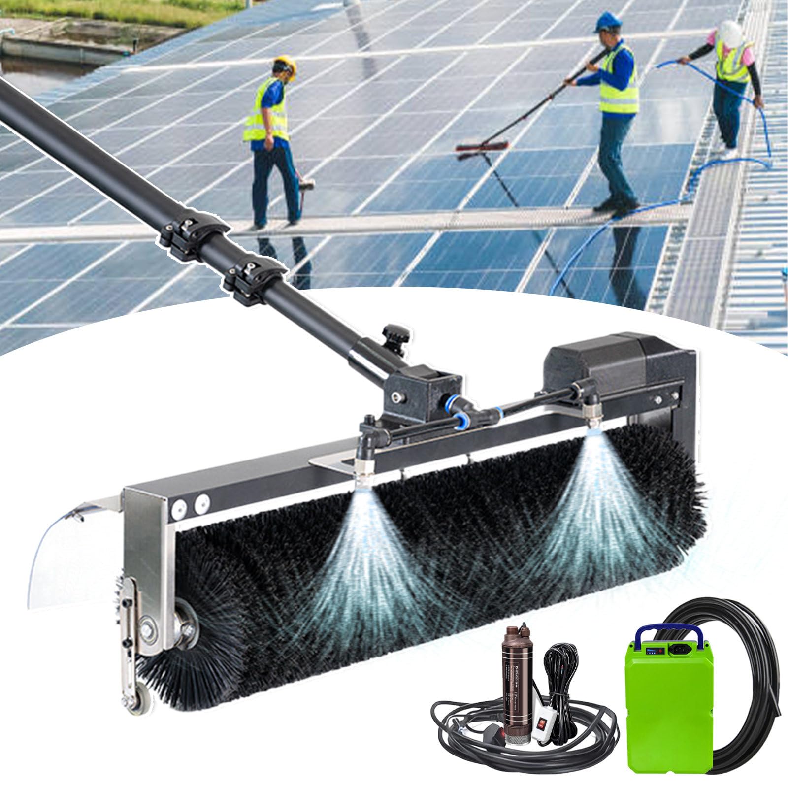 ASerZenith Solar Panel Cleaning Kit - 360° Rotating Brush & 10M Hose, Telescopic Water Fed Pole, Electric Photovoltaic Cleaner, 7.5M/24.6Ft Battery-Powered Tool For Efficient Solar Maintenance