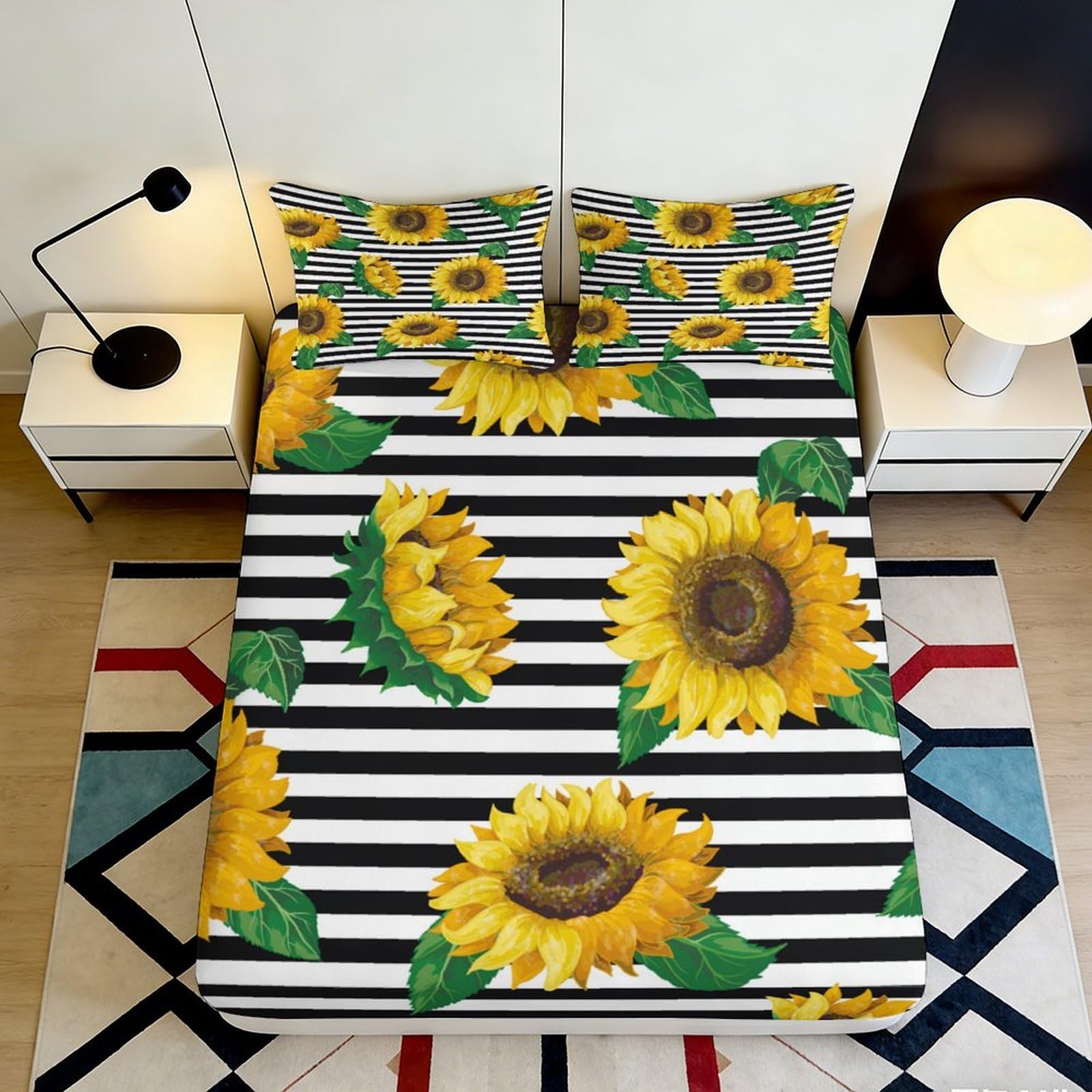 3D Printed Sunflower Fitted Sheet Microfiber Deep Pocket Non-Slip Bedding Sunflower Mattress Fitted Cover Elastic Hem Full Wrap Washable for Bedroom 200x200x25cm 90x200x25cm