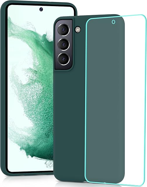 YATWIN Silicone Case for Samsung Galaxy S22 5G with Screen Protector, Soft-Touch, Shockproof, DustProof, Antiskid Full Body Armour Phone Cover for Samsung Galaxy S22 5G - Dark Green