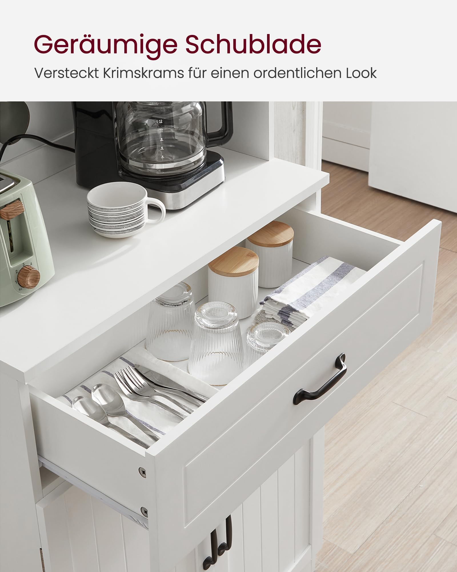 VASAGLE Küchenschrank, Mehrzweckschrank, Vorratsschrank, mit verstellbaren Einlegeböden, für Mikrowellen geeignet, Schublade, Glastüren, Kabelloch, moderner Stil, weiß LSC361W21