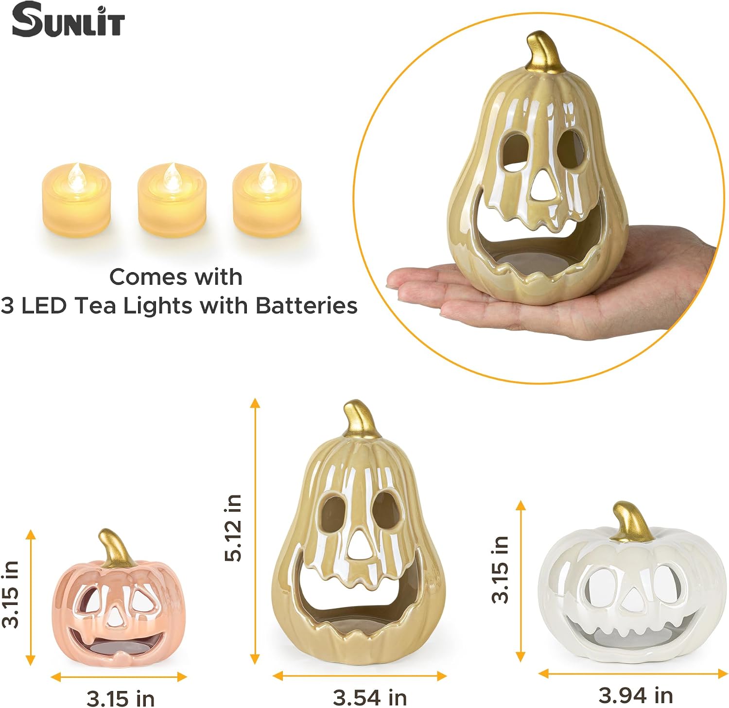 Sunlit Ceramic Pumpkin with 3 Tea Lights, Jack O Lantern Candle Holder Set of 3, Tabletop Indoor Halloween Decorations for Holiday Party Home, Pearl Finish