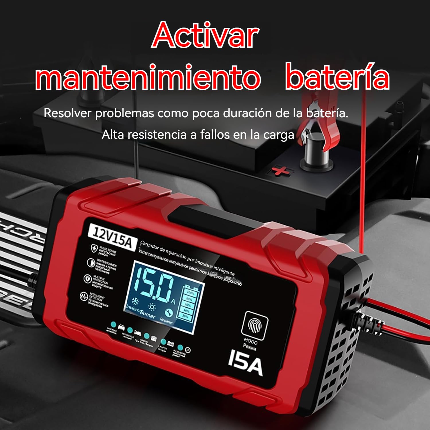 Cargador Baterias Coche 15A - Inteligente Cargador Bateria Moto 12V 15A, Compensación de Temperatura, Apto para Baterías de Plomo-ácido y de Fosfato de Hierro y Litio, Barcos y Motocicletas