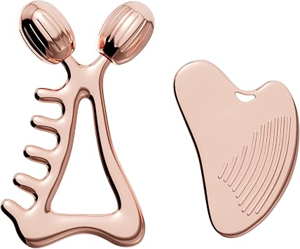 Gua Sha Facial Tools & Face Roller Set, Stainless Steel Facial Massager Tools for Lymphatic Drainage & Face Sculpting, Textured Guasha for Better Grip, Double Chin Reducer, Skincare GiftRoseGold