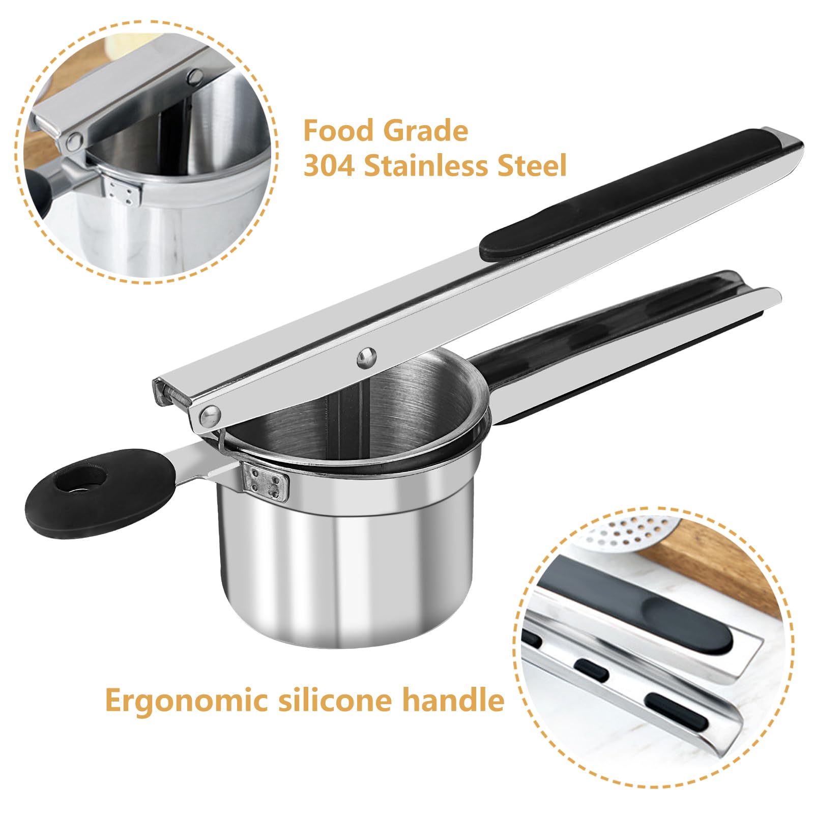 Presse Purée Inox 304 Avec 3 Disques - Pour Pommes De Terre, Pâtes, Glaces... - Poignées Silicone Antidérapantes