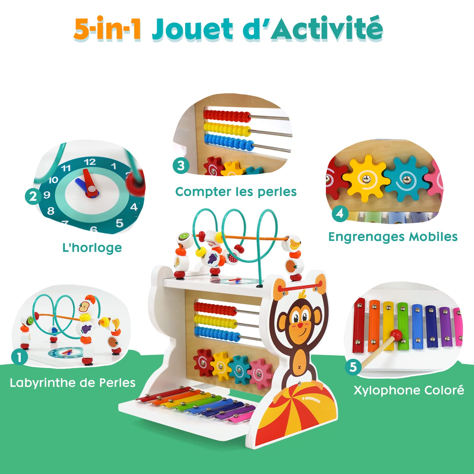 Jouet d'Activités en Bois Bébé 5 en 1: Xylophone Jouet Bébé, Boulier; Labyrinthe de Perles, Engrenanges, Horloge: Jouet Instrument de Musique pour Enfants de 1 2 3 4 5 Ans