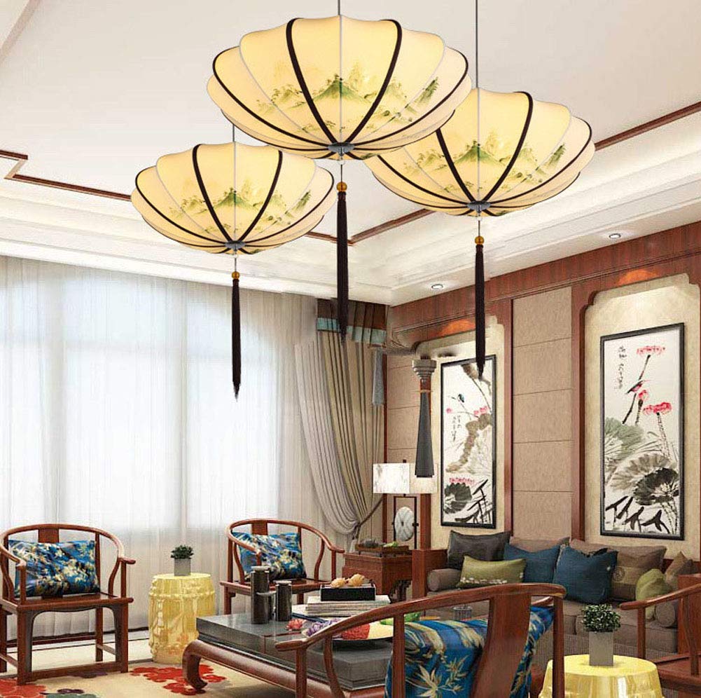 Kreativer Kronleuchter aus Stoff, Lampenschirm, Regenschirm-Kronleuchter, Beleuchtungskörper im chinesischen Stil, Beige für Büro, Küche, Schlafzimmer, Esszimmer, Büro, Beige, Durchmesser 40 cm