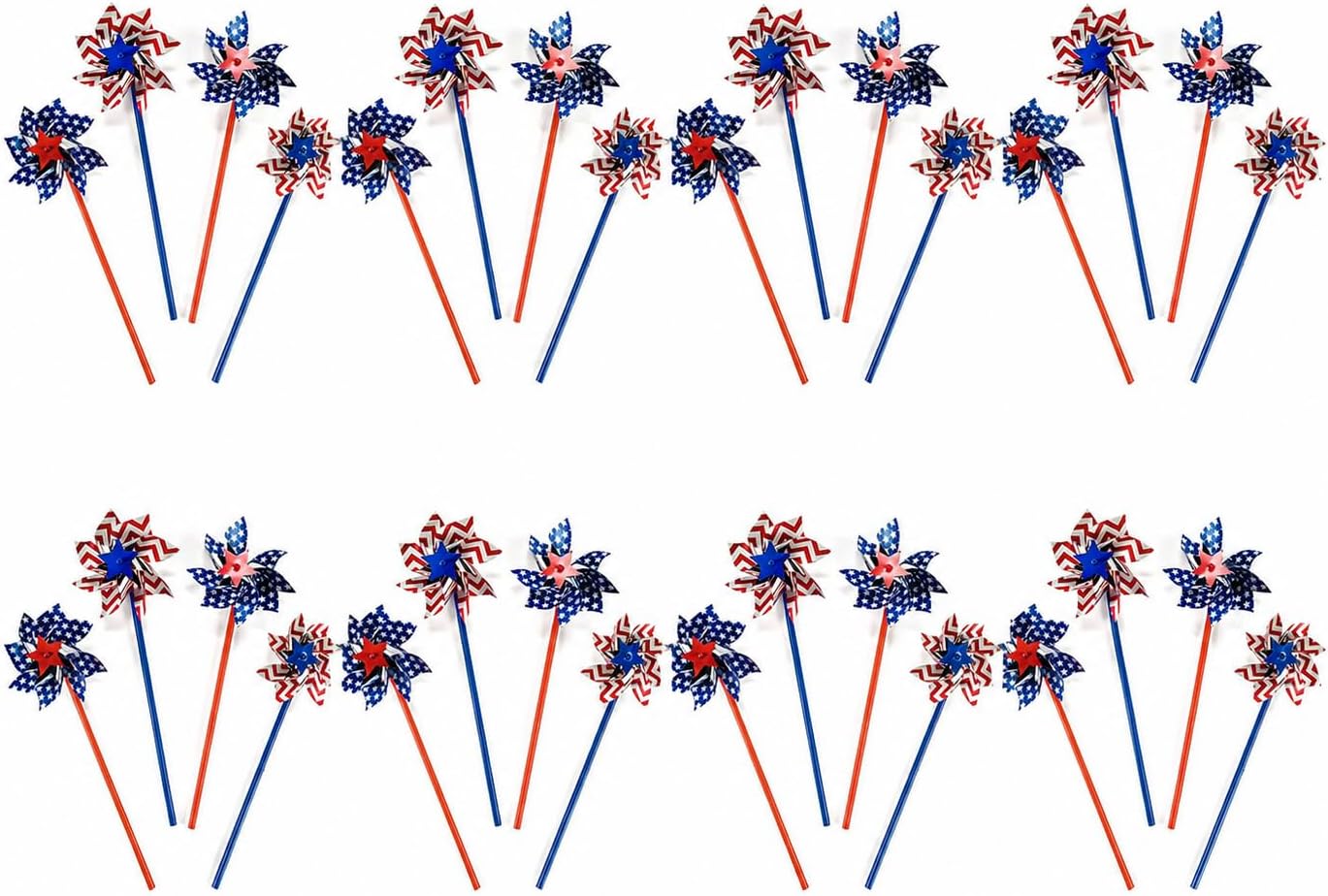 Fun Express Patriotic Pinwheels 36 Pack - Premium 4th of July Decorations with 5" Red White and Blue Spinners on 11" Sticks | Memorial Day Outdoor Decor for Kids Party Supplies & Classroom Prizes