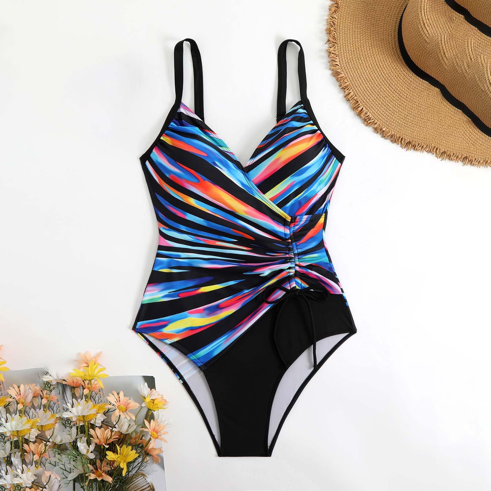 Chnnamzu Badeanzug Damen Bauchweg Push Up - Badeanzüge für Damen Wickeloptik Einteilige Bademode Sexy V-Ausschnitt Monokini Shape Kordelzug Sommer Swimsuit Schwimmanzug Strandmode