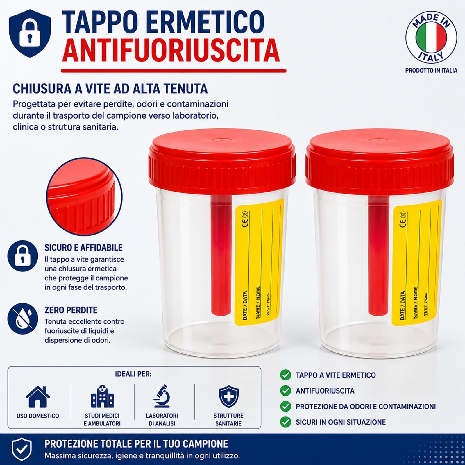 Topolenashop 2 Contenitori Sterili per Feci 60 ml con Cucchiaino, Tappo Ermetico ed Etichetta – Barattoli Raccolta Campioni Monouso per Analisi Coprologiche, Made in Italy 578943