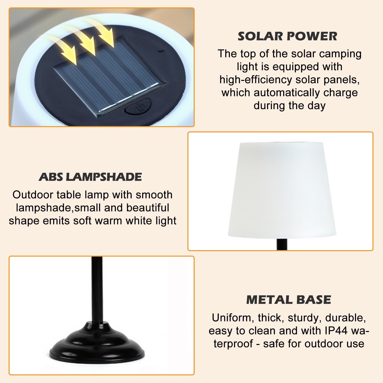 BYZESTY Juego de 2 lámparas solares de mesa para exteriores, lámpara de mesa solar, sin cable, color blanco cálido, para exterior, mesa con sensor de luz, sin cable para jardín, terraza, balcón