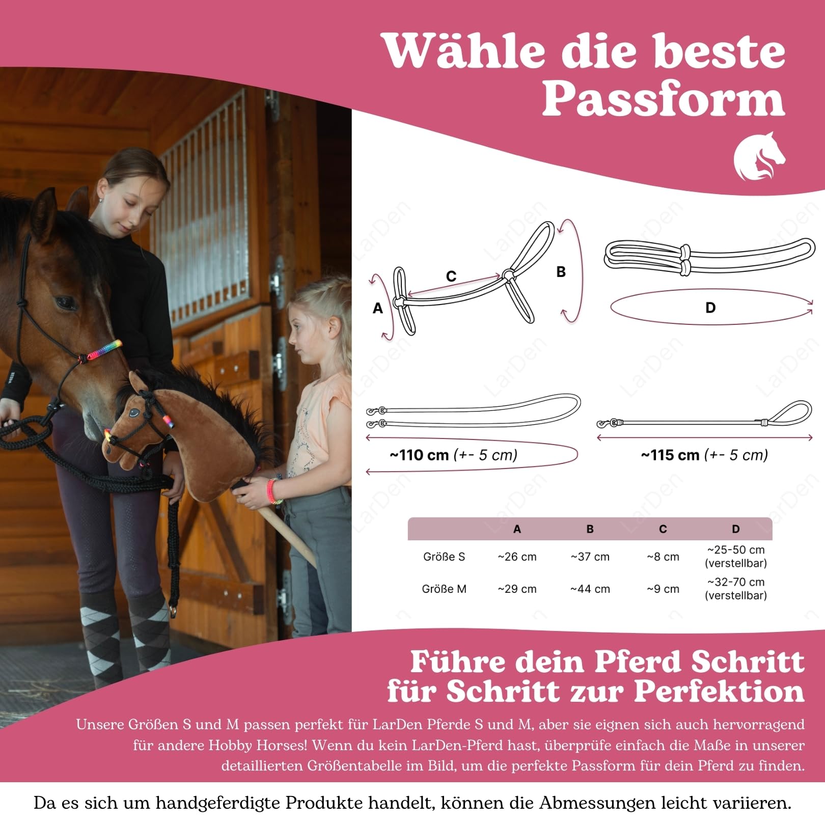 LarDen Hobby Horse Zubehör Set Start - Halfter mit Strick, Halsring, Zügel für Große M Steckenpferd - Silber, Stockpferd StarterSet, Hobby Horsing Pferd, Spielzeug Kinder, Spielpferd Führstrick