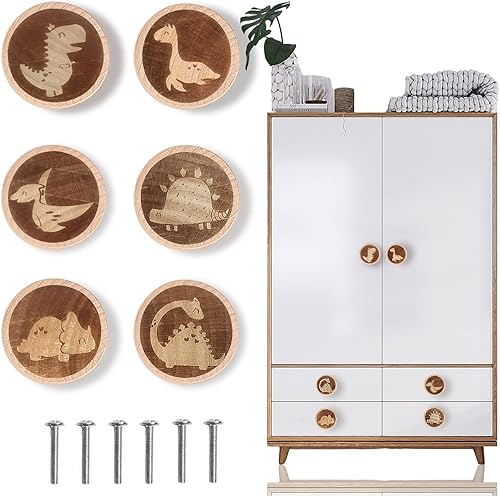 Paquete de 6 pomos de tocador de dinosaurio de 1.57 pulgadas (1.575 in) de madera con diseño de animales para cuarto del bebé, tiradores de cajón de