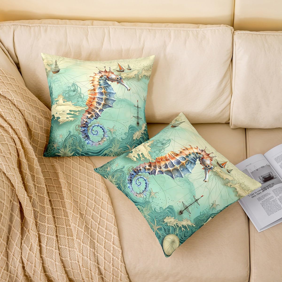 Homemissing Set di 4 federe decorative per cuscini con cavalluccio marino, 50 x 50 cm, con stampa di barca a vela, per divano, a tema oceano, vita marina, per esterni