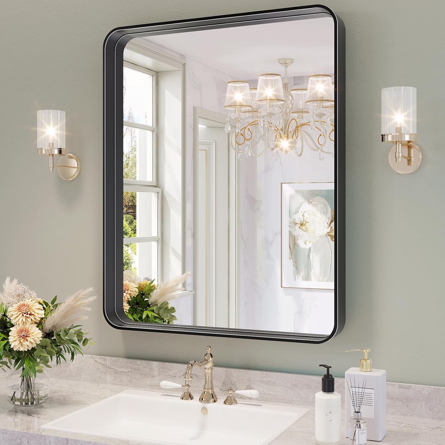 Black Bathroom Mirror, 24x30 Inch Bathroom Vanity Mirror for Wall, Matte Black Rectangle Metal Framed Mirror for Bathroom, Entryway, Living Room, Wall Mounted Mirrors, Vertical or Horizontal Black 24"L x 30"W