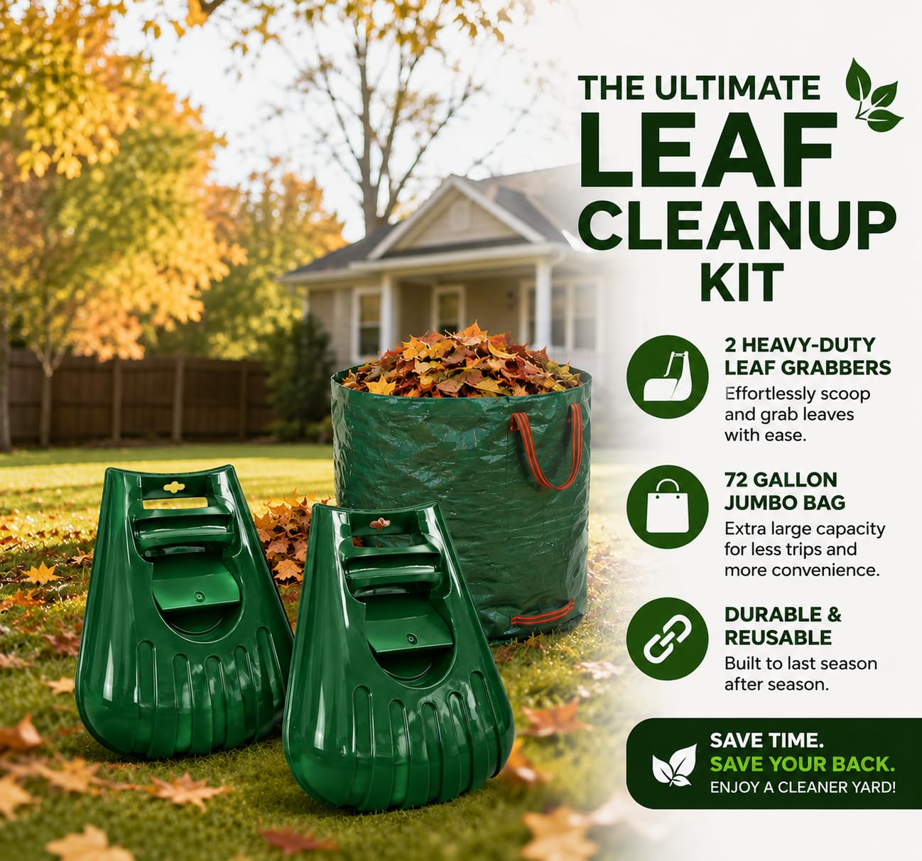 Gardenised Sac à feuilles pliable et robuste de 280 litres avec poignée et pelle robuste pour feuilles – Râteau portable pour couper l'herbe de cour, ramasse-débris de jardin pour l'entretien de la