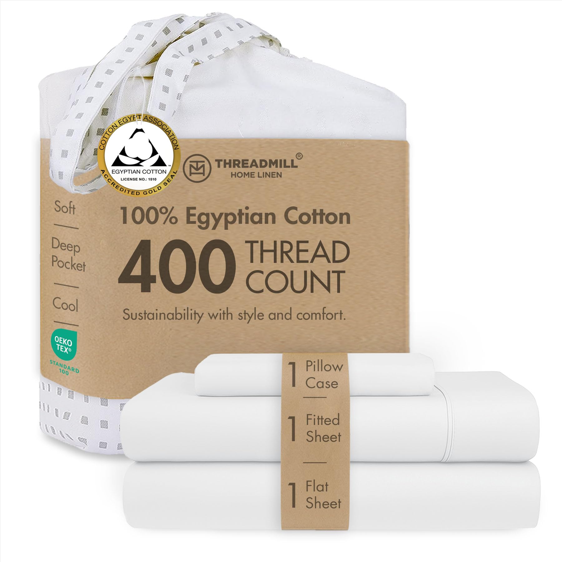 Threadmill Home Linen Certified 100% Egyptian Cotton 400 Thread Count, Twin Sheets,3 Piece Sateen Weave Hotel White Sheet Set, Solid Bedsheets with Elasticized Deep Pocket