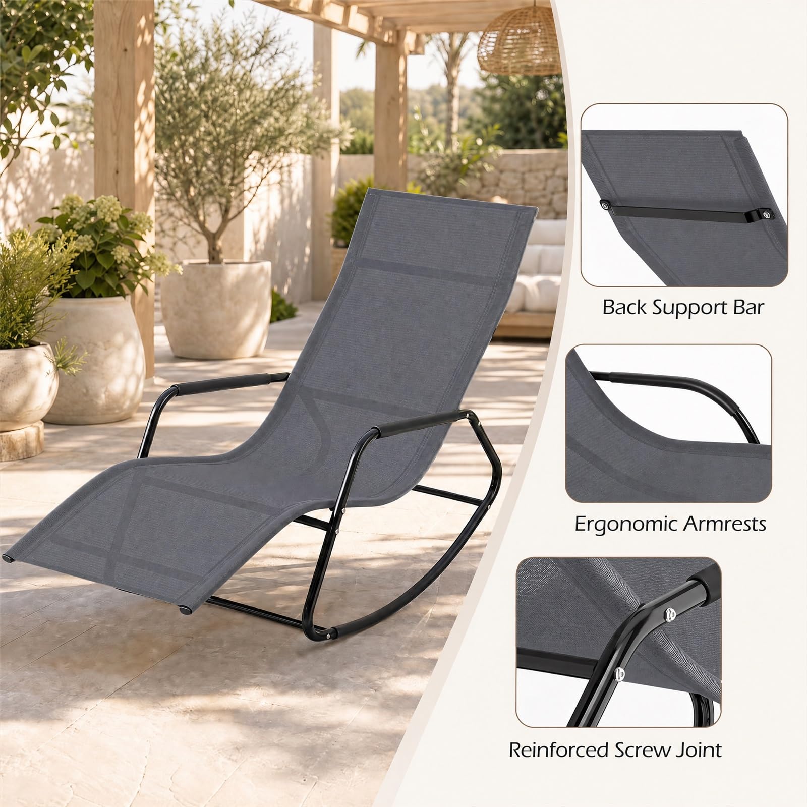 GOPLUS Chaise Longue à Bascule Métallique avec Tissu Respirant (Gris)