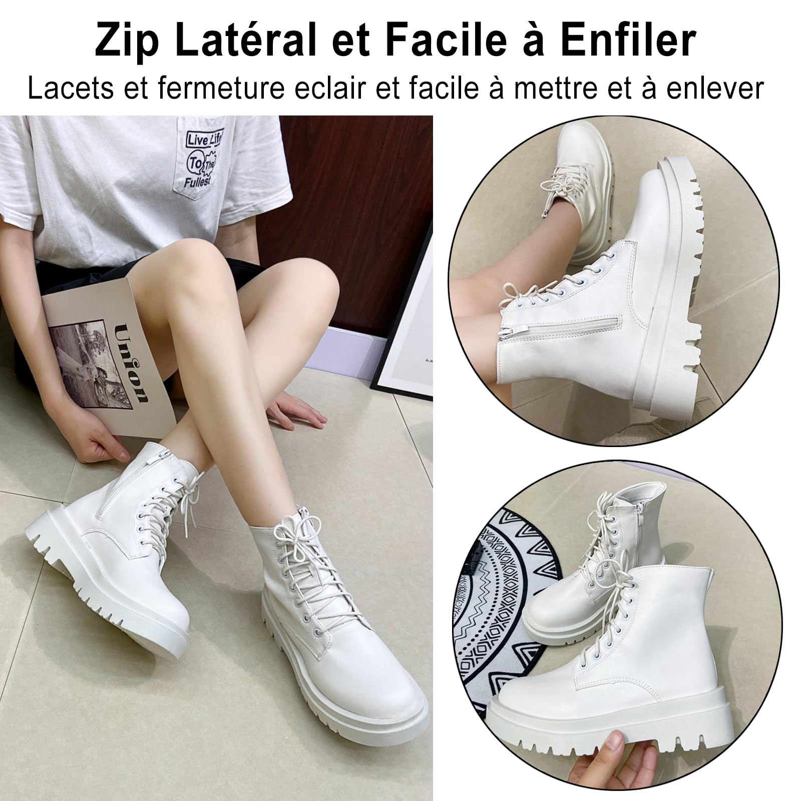 Bottines Militaire Femme Hiver Lacet Talon Carré Boots Ranger Chaussures