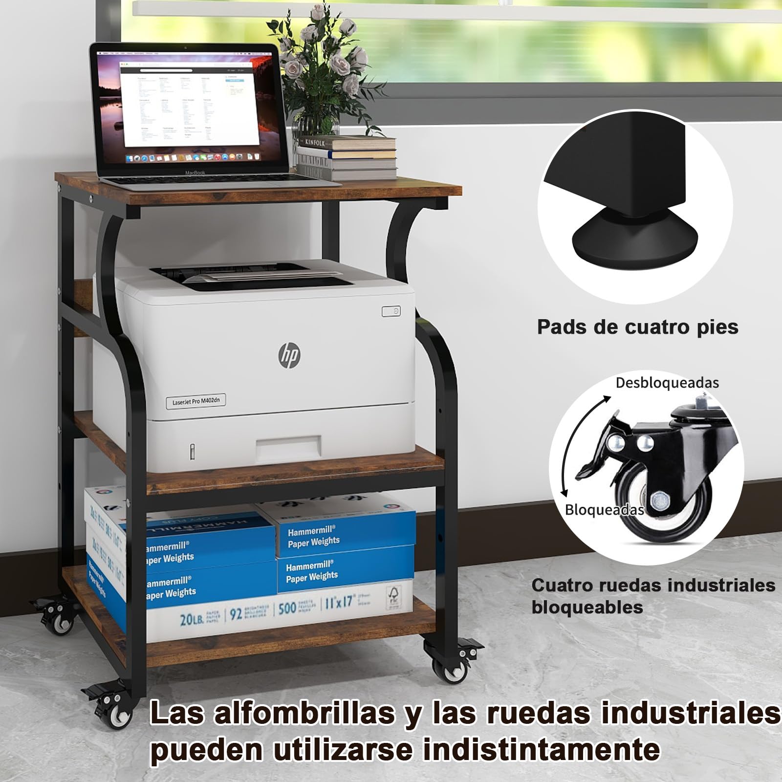 PUNCIA Mesa para Impresora 60 x 50 cm Ajustable en Altura Soporte para Impresión de 3 Niveles con Ruedas Móvil de Madera y Metal Carrito Estante de Almacenaje para Oficina Escuela Estudio Retro