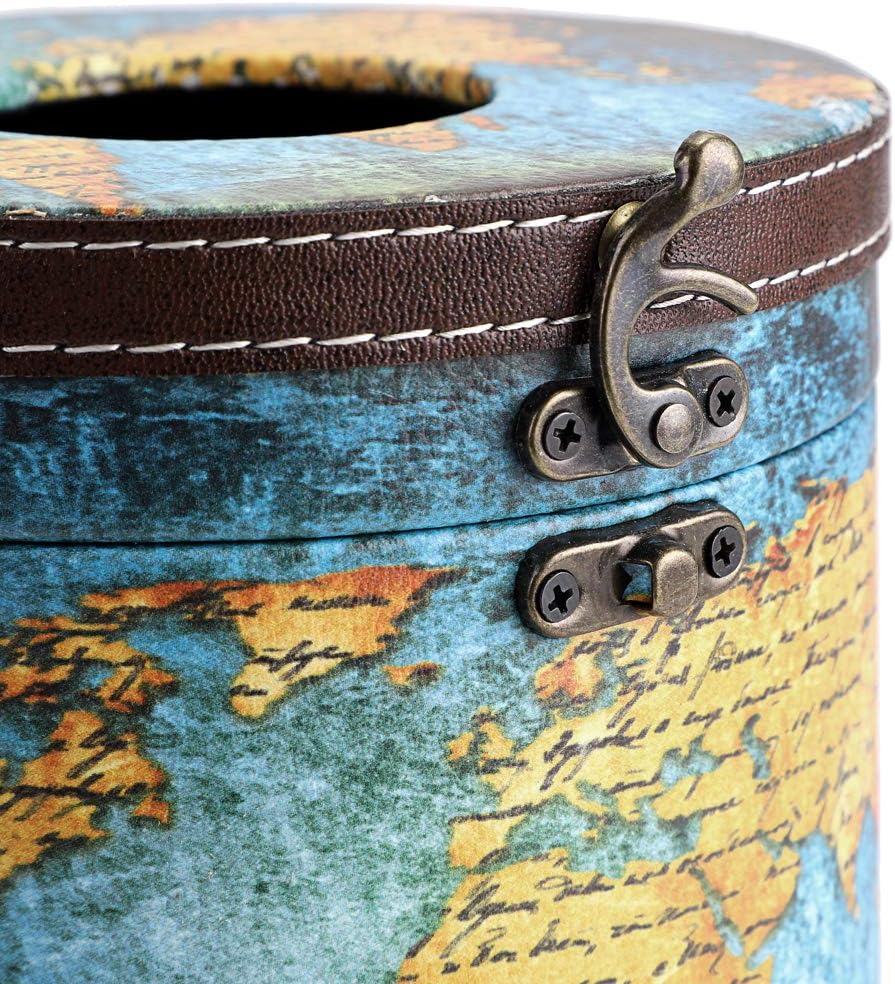 Sumnacon Round Tissue Box Cover Retro Wooden Tissue Holder with Lid, Round Wood Toilet Paper Cover Decorative Tissue Box Holder for Bathroom Toilet Living Room Table Desk Office, Green Map