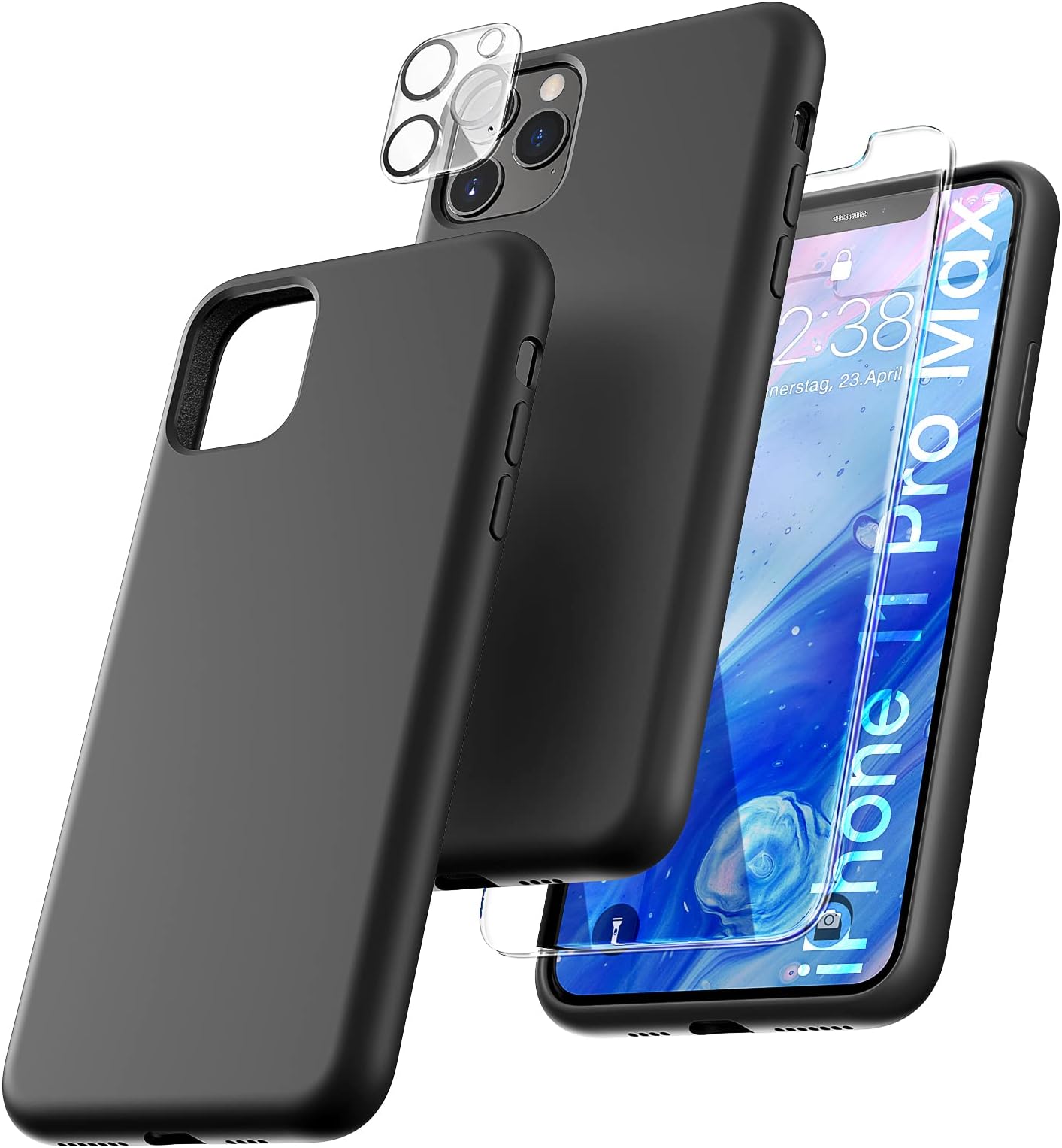 TOCOL 5 in 1 for iPhone 11 Pro Max Case 6.5", with 2 Pack Screen Protector + 2 Pack Camera Lens Protector, Liquid Silicone Slim Shockproof Full-Body Cover [Anti-Scratch] [Drop Protection], Black