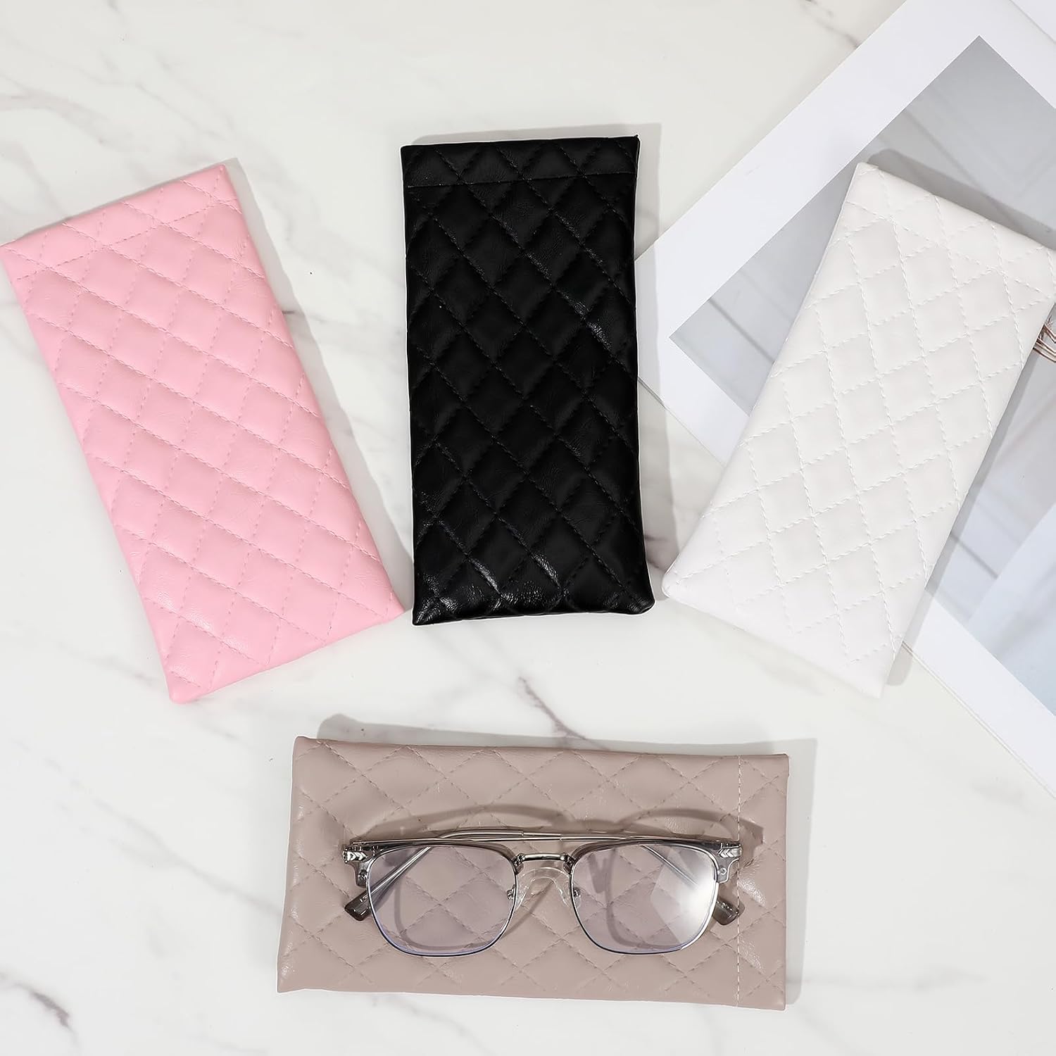 12 Pack Squeeze Top Sunglass Case with Cleaning Cloths, Soft Leather Eyeglass Case Portable Sunglasses Pouch for Men Women, 4 Colors image 5
