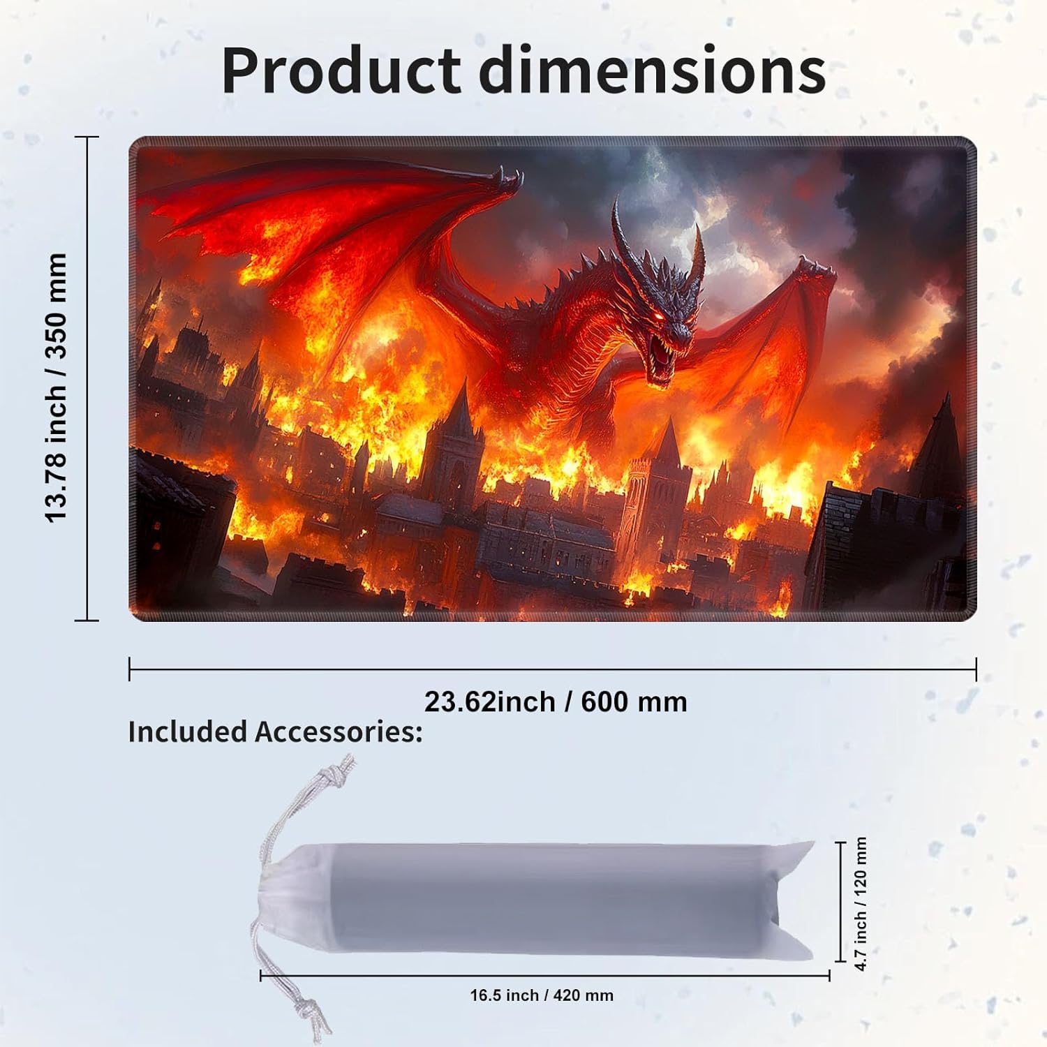 Playmat for MTG & Magic: The Gathering, Red Fire Dragon Destroying Medieval City 24x14 inch Non-Slip TCG Game Mat for Commander, Card Game Table Mat
