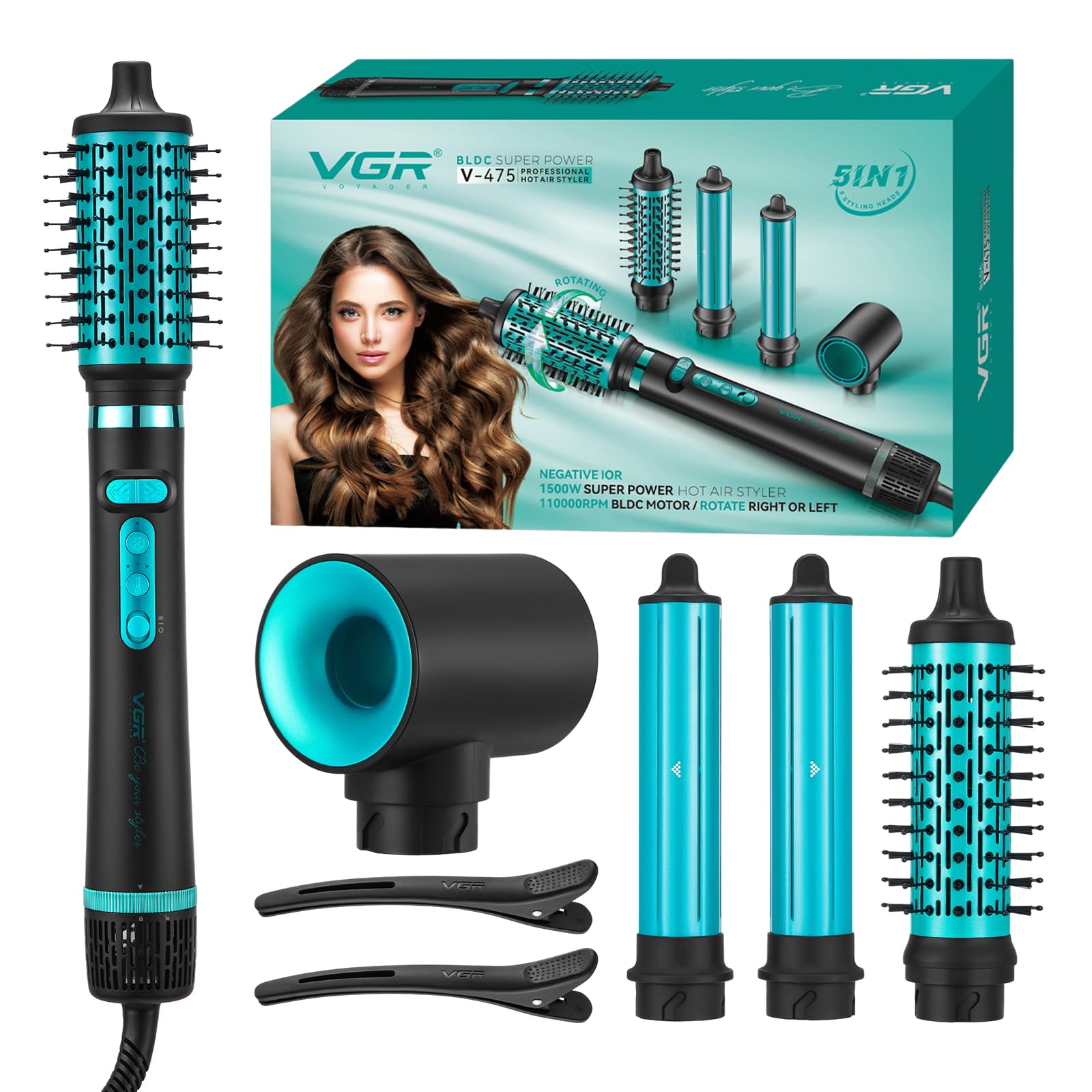 VGR 475 Brosse Soufflante 5-en-1 Multi Styler 1500W, Sèche-Cheveux Ionique avec Fer à Boucler Automatique, Brosse Ovale et Ronde, Cool Shot, 3 Températures et 2 Vitesses, Moteur BLDC, Vert