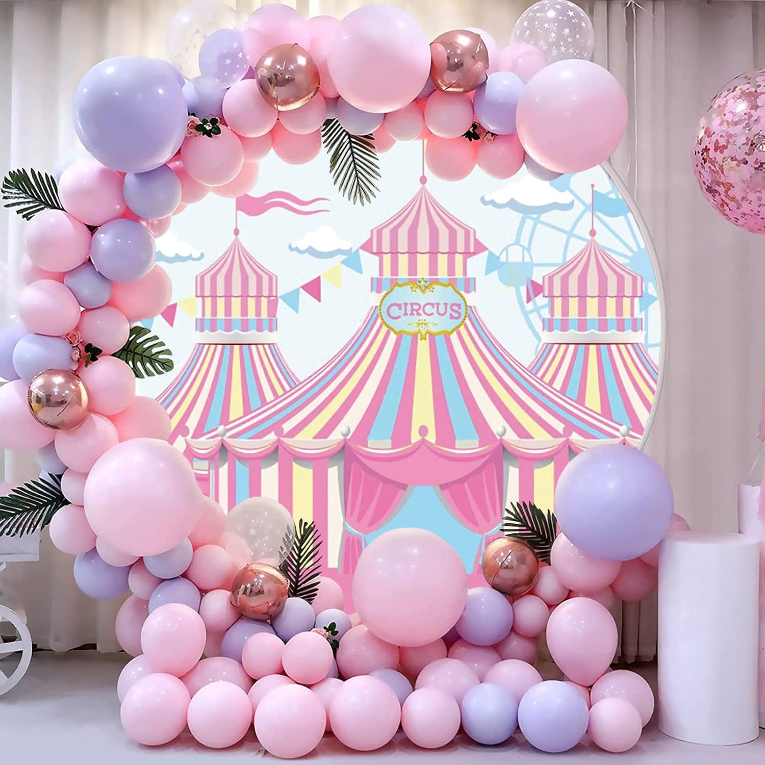 Yeele 7.5x7.5ft Pink Circus Round Backdrop Cover Carnival Tents Carousel Circle Backdrops for Baby Shower Princess Newborn Birthday Party Arch Background Dessert Table Decor Banner image 5