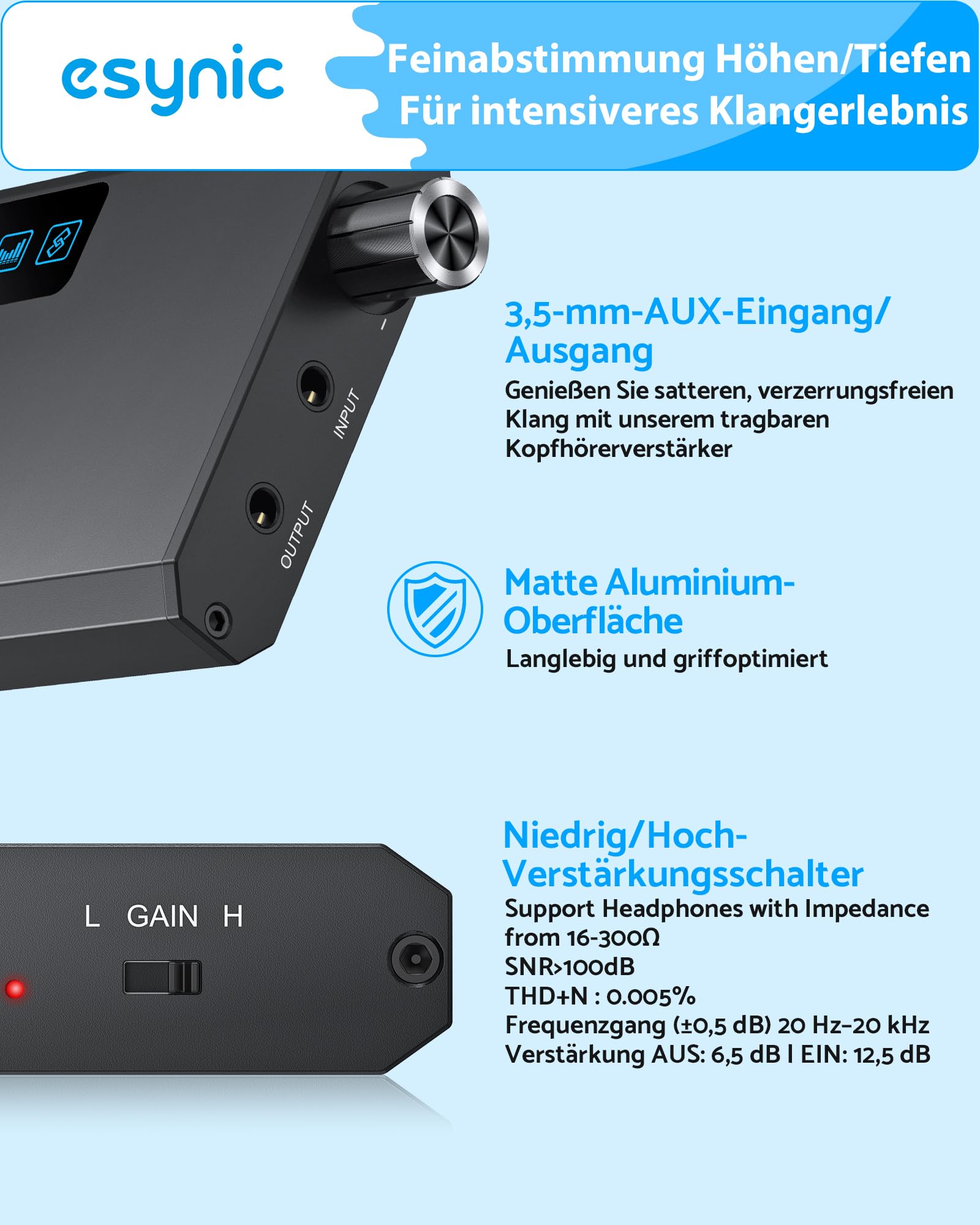 eSynic Tragbarer Kopfhörerverstärker mit Bluetooth 5.1 Empfänger Zwei-Phasen Gain-Schalter, HiFi 3.5mm AUX-Eingang 16-300Ωfür MP3, MP4-Player, Mobiltelefone, Computer, CD-Player usw.